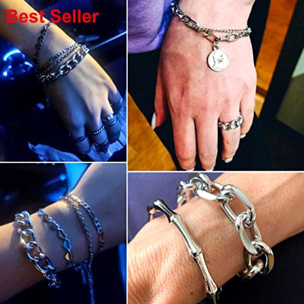 Stackable Silver-Plated Bracelets Set Adjustable Chain Cuff Bangles - Picture 2 of 7